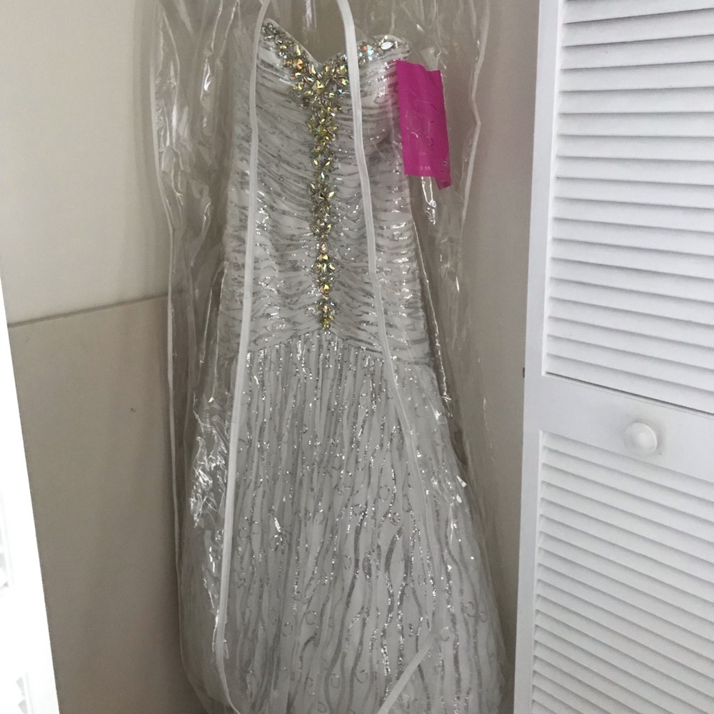 Ivory white dress with silver stones and crystals work on neck
